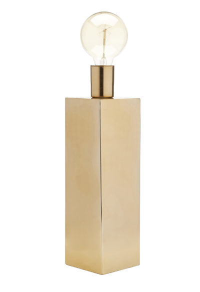 Produktbild, bordslampa med fyrkantig fot och glödlampa på toppen.